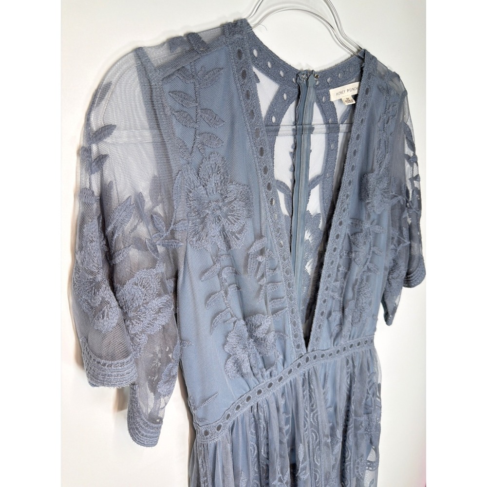 Honey Punch Mila Dusty Blue Lace Romper Maxi Dress | Size Medium - Picture 7 of 15